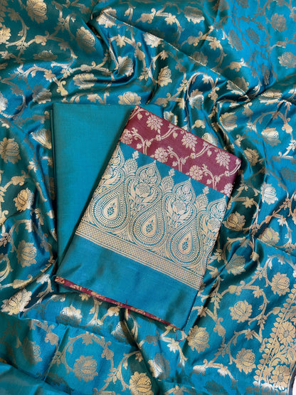 Maroon Art Silk Floral Zari Jaal Contrast Banarasi Suit with Seagreen Dupatta 625AJ_TPT23