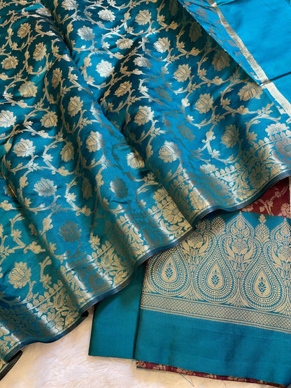 Maroon Art Silk Floral Zari Jaal Contrast Banarasi Suit with Seagreen Dupatta 625AJ_TPT23