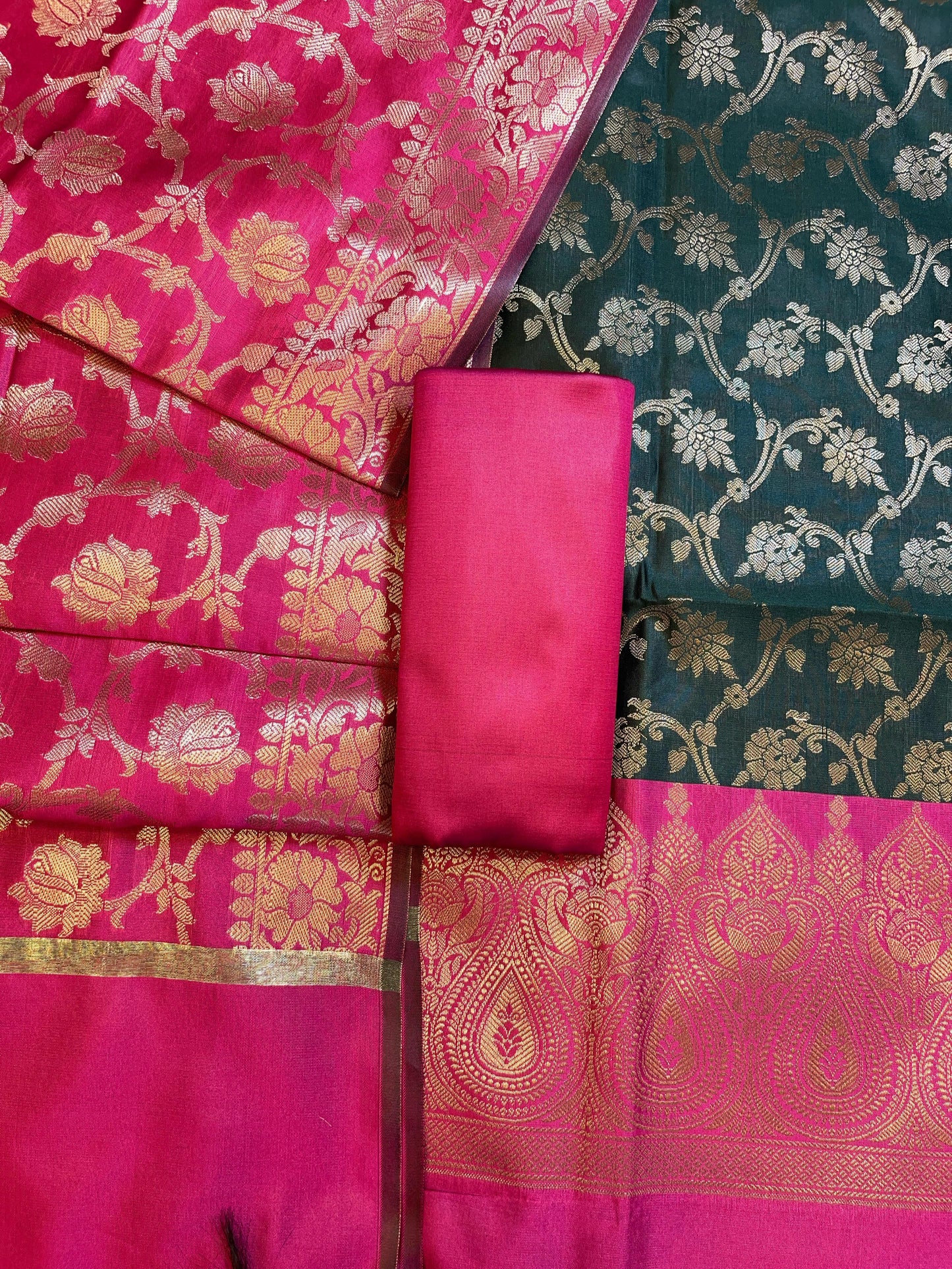 Darkgreen Art Silk Floral Zari Jaal Contrast Banarasi Suit with Pink Dupatta 625AJ_TPT24