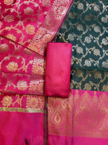 Darkgreen Art Silk Floral Zari Jaal Contrast Banarasi Suit with Pink Dupatta 625AJ_TPT24