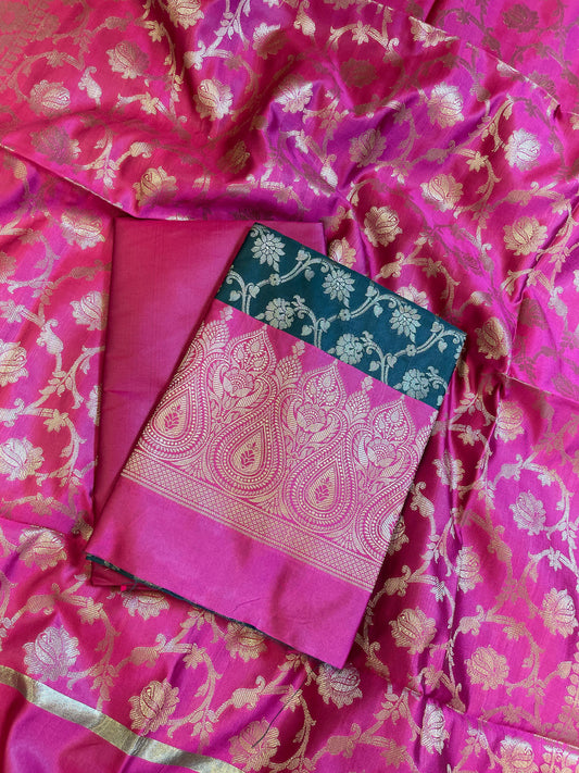 Darkgreen Art Silk Floral Zari Jaal Contrast Banarasi Suit with Pink Dupatta 625AJ_TPT24