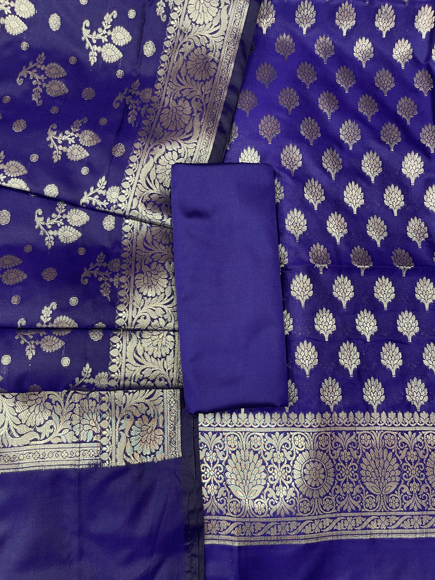 Indigo Blue Semi Silk Floral Booti Banarasi 3 pcs Suit Set 900AJ_SK1