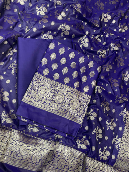 Indigo Blue Semi Silk Floral Booti Banarasi 3 pcs Suit Set 900AJ_SK1
