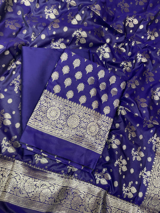 Indigo Blue Semi Silk Floral Booti Banarasi 3 pcs Suit Set 900AJ_SK1