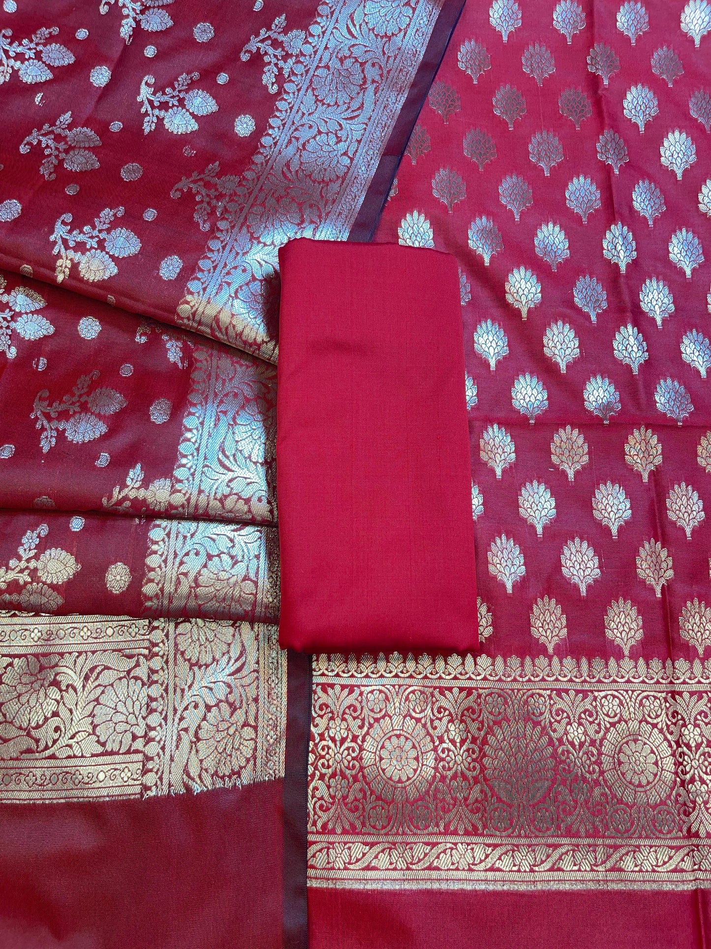 Red Semi Silk Floral Booti Banarasi 3 pcs Suit Set 900AJ_SK3
