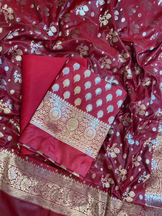 Red Semi Silk Floral Booti Banarasi 3 pcs Suit Set 900AJ_SK3