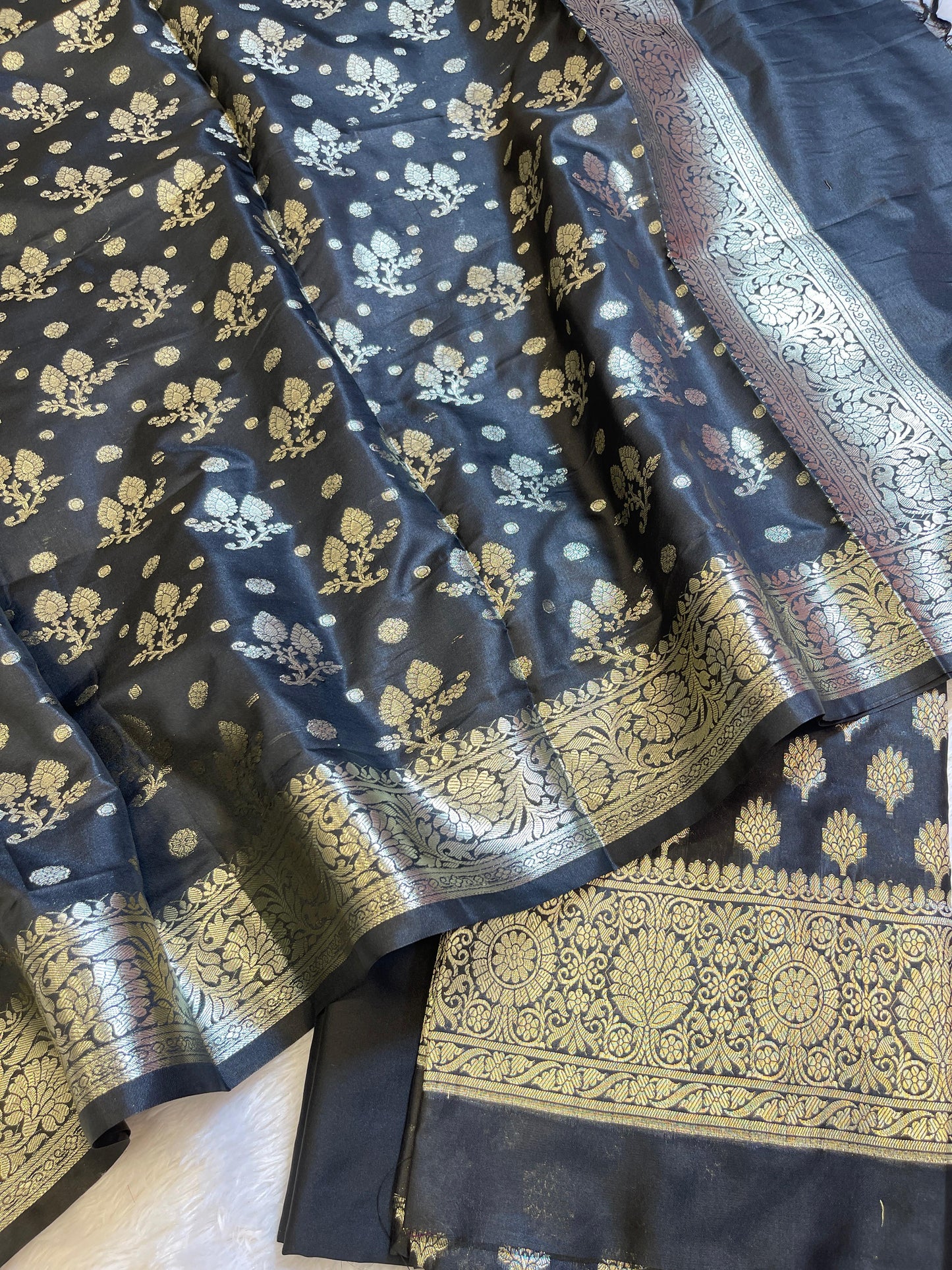 Black Semi Silk Floral Booti Banarasi 3 pcs Suit Set 900AJ_SK5