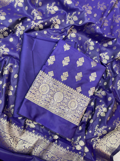Indigo Blue Semi Silk Floral Boota Banarasi 3 pcs Suit Set 900AJ_SK7