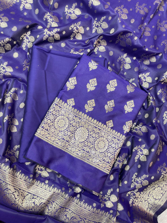 Indigo Blue Semi Silk Floral Boota Banarasi 3 pcs Suit Set 900AJ_SK7