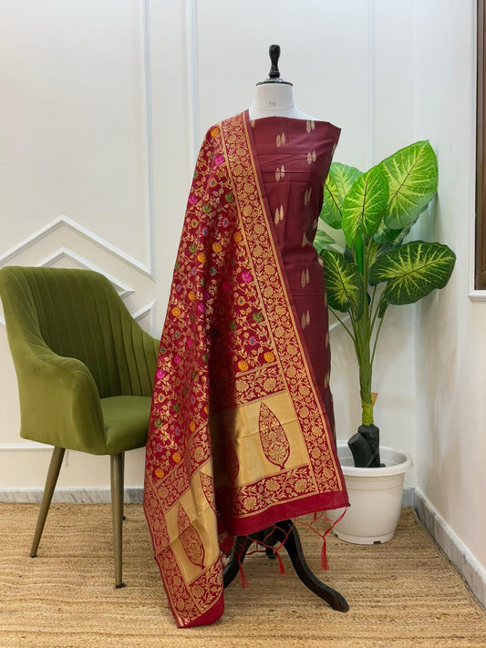 Maroon Katan Silk Zari With Multicolor Mina Jaal Dupatta 800SKL_KS32