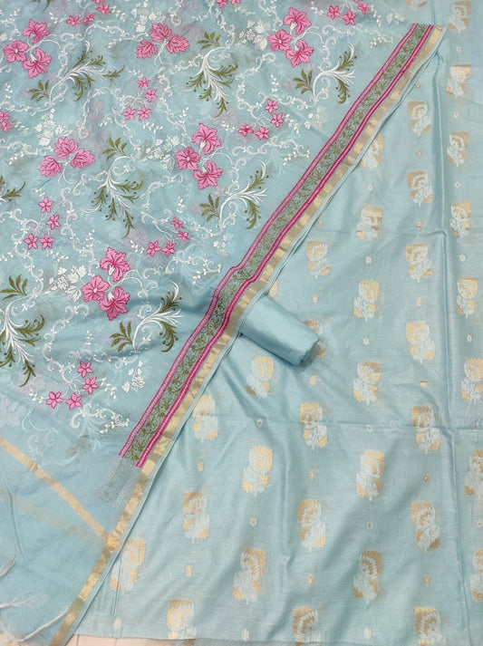 Blue Pure Mercerised Resham Mina Embroidery Dupatta Banarasi Suit Set 1250SKL_RM7