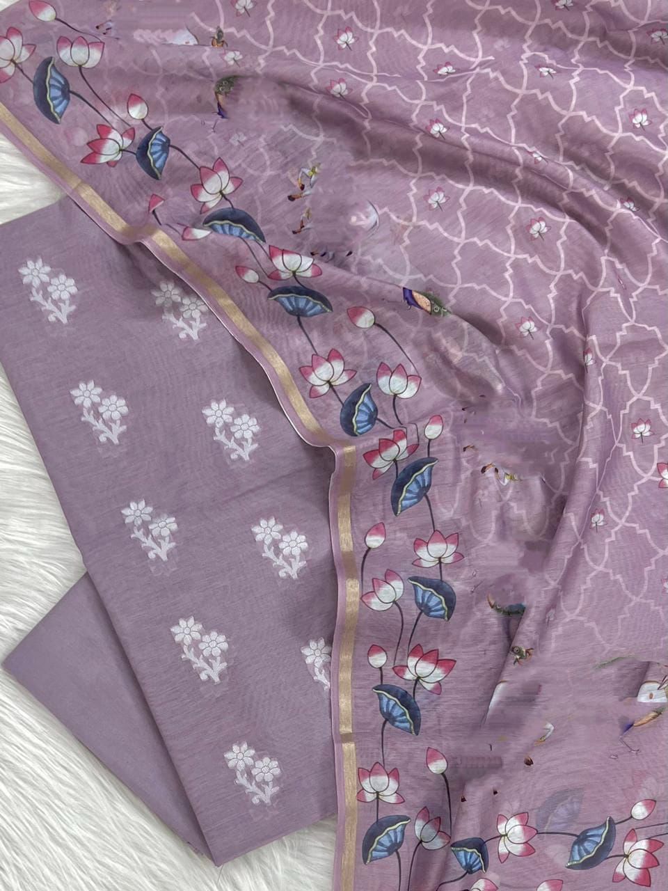 Light Purple Pure Mercerised Resham Booti Digital Print Dupatta Banarasi Suit Set 1000SKL_RM10