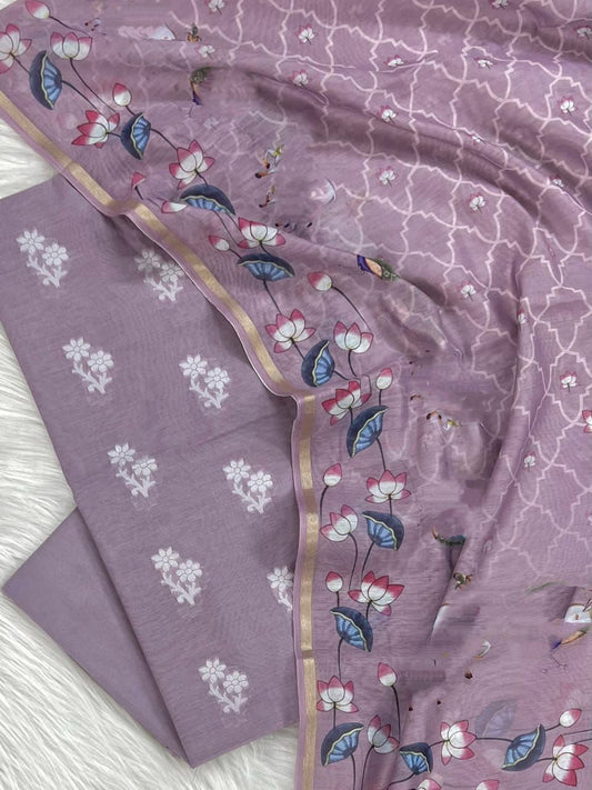 Light Purple Pure Mercerised Resham Booti Digital Print Dupatta Banarasi Suit Set 1000SKL_RM10