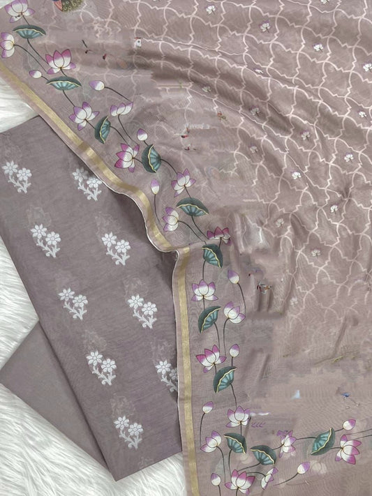 Light Brown Pure Mercerised Resham Booti Digital Print Dupatta Banarasi Suit Set 1000SKL_RM11