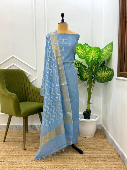 Sky Blue Pure Mercerised Zari Booti with Embroidery Dupatta Banarasi Suit Set 1100SKL_PME2