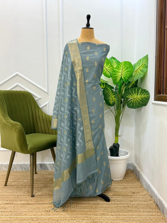 Sea Green Pure Mercerised Zari Booti with Embroidery Dupatta Banarasi Suit Set 1100SKL_PME4