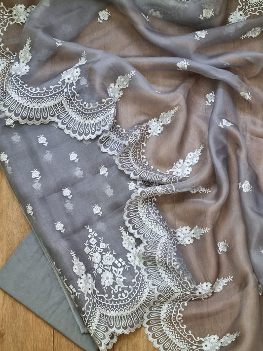 Grey Organza Silk Embroidery Banarasi 3 Pcs Suit Set 1100SKL_OG5