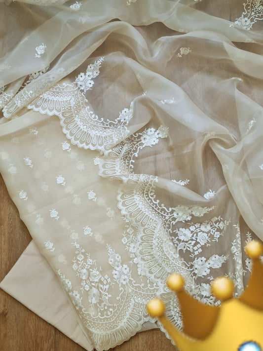 Light Yellow Organza Silk Embroidery Banarasi 3 Pcs Suit Set 1100SKL_OG4
