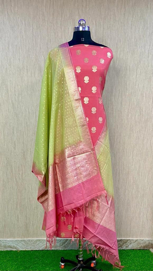 Pink Pure Mercerise Lorex Contrast Green Dupatta Banarasi Suit 1200SKL_PML8