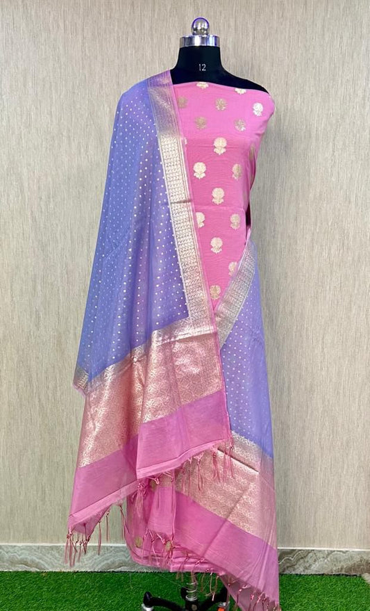 Purple Pure Mercerise Lorex Contrast Blue Dupatta Banarasi Suit 1200SKL_PML11