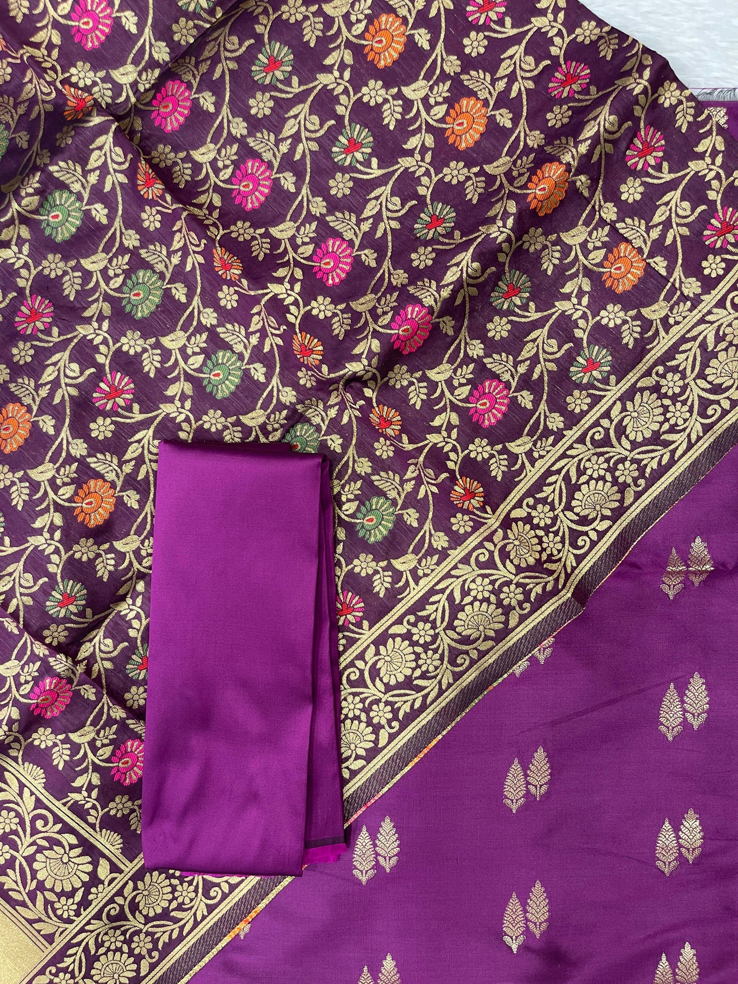 Purple  Katan Silk Zari With Multicolor Mina Jaal Dupatta 800SKL_KS33