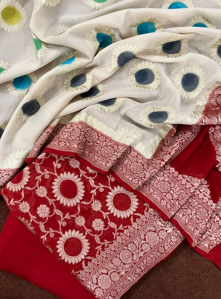 Red Premium Khaddi Georgette Floral Zari Jaal with Contrast White Handbrush Booti Banarasi Suit Set 6500SKL_KG20
