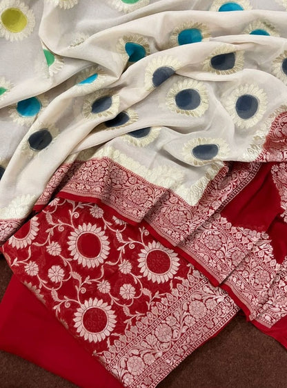 Red Premium Khaddi Georgette Floral Zari Jaal with Contrast White Handbrush Booti Banarasi Suit Set 6500SKL_KG20