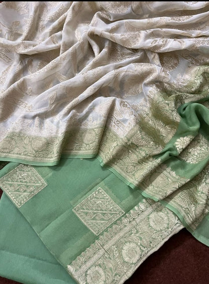 Green Premium Khaddi Georgette Floral Zari Geometrical Boota with Contrast Off white Dupatta 6500SKL_KG18