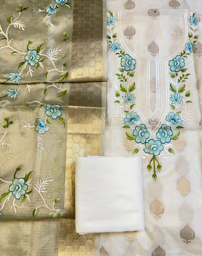 Off white Cotton Silk Dyable Embroidery Necklace with Tissue Silk Embroidered Dupatta Banarasi 3 pcs Suit Set IM_NC5