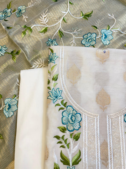 Off white Cotton Silk Dyable Embroidery Necklace with Tissue Silk Embroidered Dupatta Banarasi 3 pcs Suit Set IM_NC5