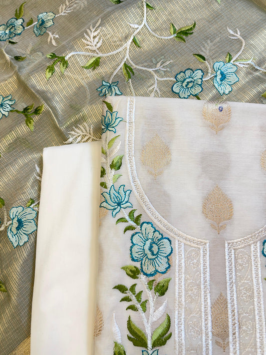 Off white Cotton Silk Dyable Embroidery Necklace with Tissue Silk Embroidered Dupatta Banarasi 3 pcs Suit Set IM_NC5