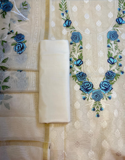 Off white Pure Mercerise Embroidery Necklace Banarasi 3 pcs Suit Set 12SKL_MN4