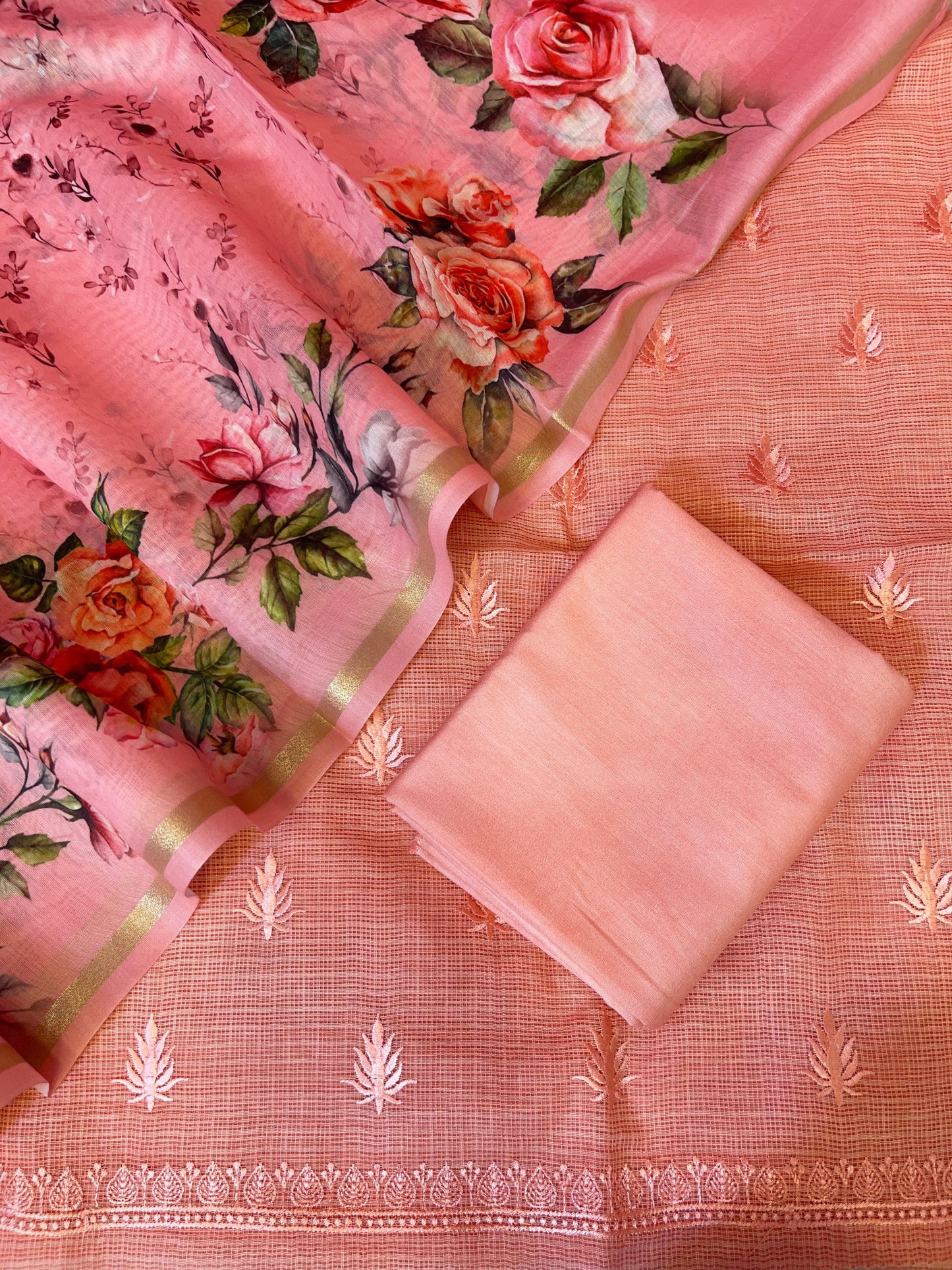 Peach Kota Check Resham Embroidery with Digital Print Dupatta Banarasi Suit Set 1SKL_KC14