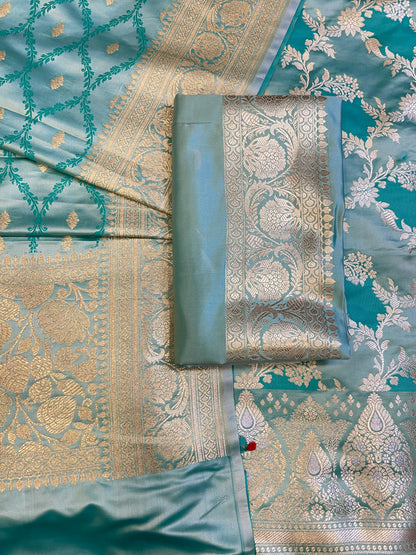 Pure Handloom Seagreen Mashru Silk Floral Rangkaat Floral Zari Jaal Banarasi 3 pcs Suit Set 26AJ_MSR2
