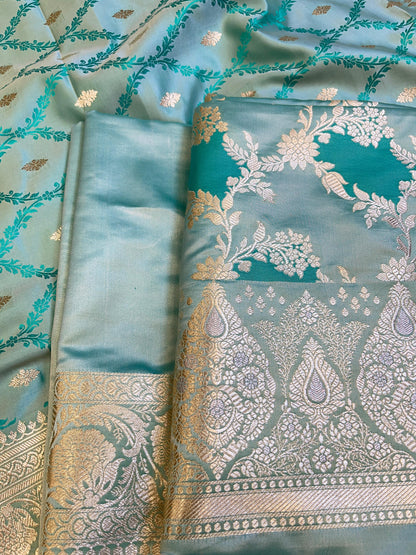 Pure Handloom Seagreen Mashru Silk Floral Rangkaat Floral Zari Jaal Banarasi 3 pcs Suit Set 26AJ_MSR2