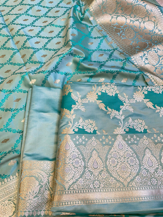 Pure Handloom Seagreen Mashru Silk Floral Rangkaat Floral Zari Jaal Banarasi 3 pcs Suit Set 26AJ_MSR2