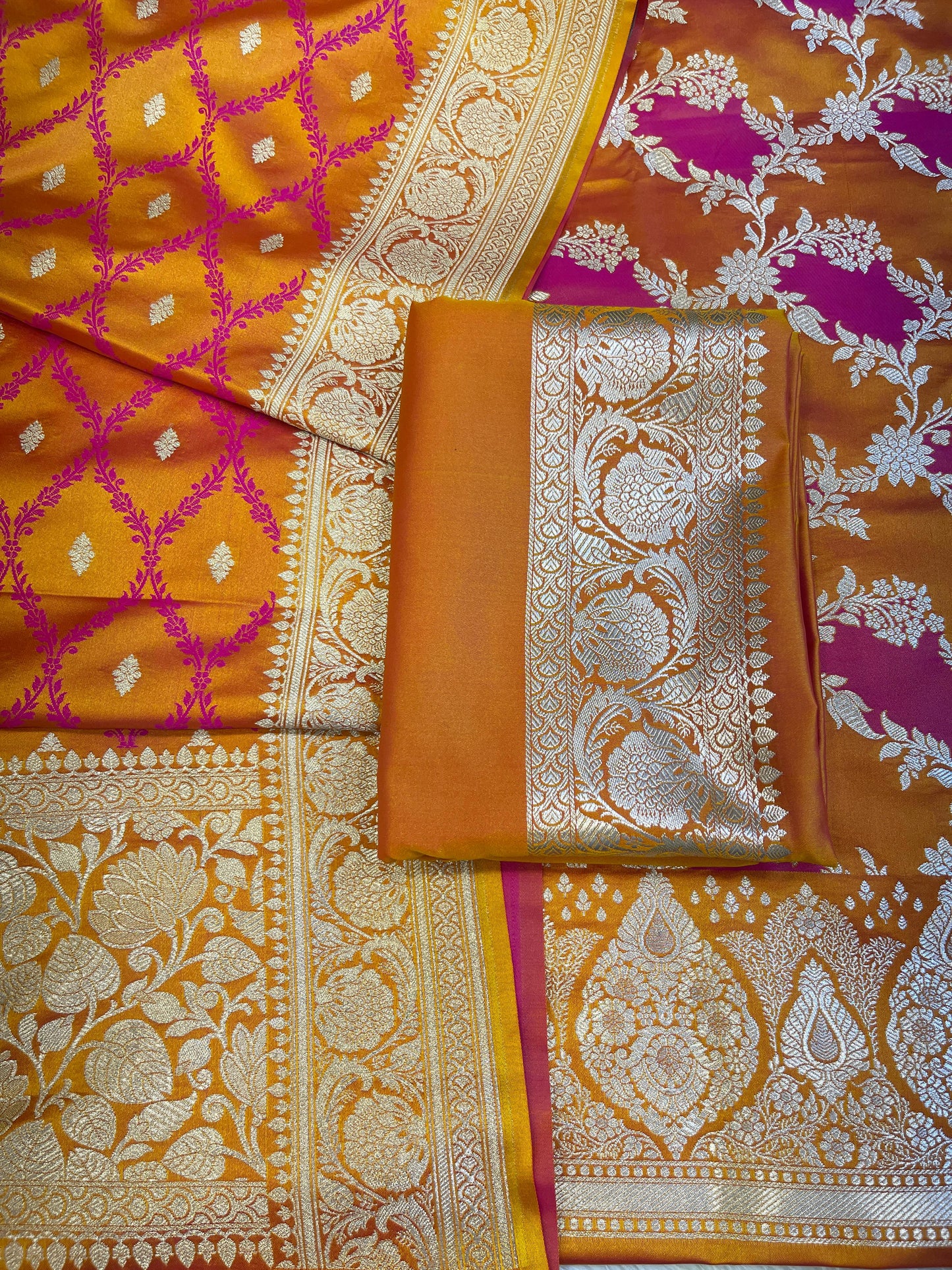 Pure Handloom Mustard Yellow Mashru Silk Floral Rangkaat Floral Zari Jaal Banarasi 3 pcs Suit Set 26AJ_MSR3