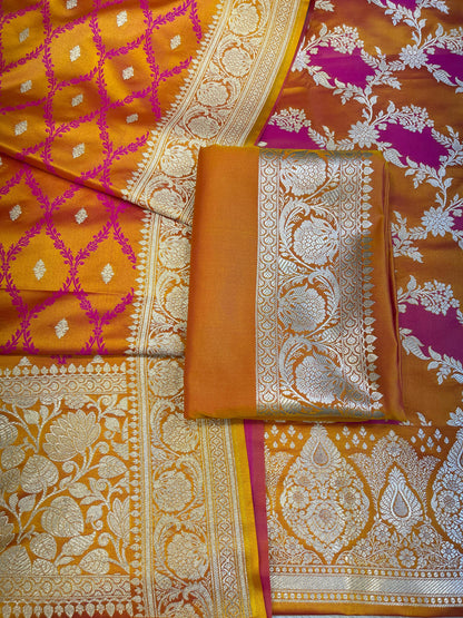 Pure Handloom Mustard Yellow Mashru Silk Floral Rangkaat Floral Zari Jaal Banarasi 3 pcs Suit Set 26AJ_MSR3