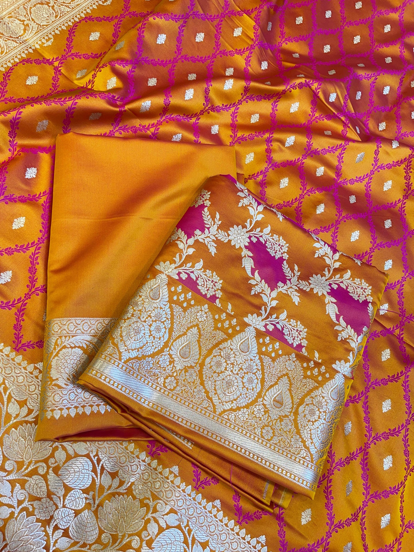 Pure Handloom Mustard Yellow Mashru Silk Floral Rangkaat Floral Zari Jaal Banarasi 3 pcs Suit Set 26AJ_MSR3