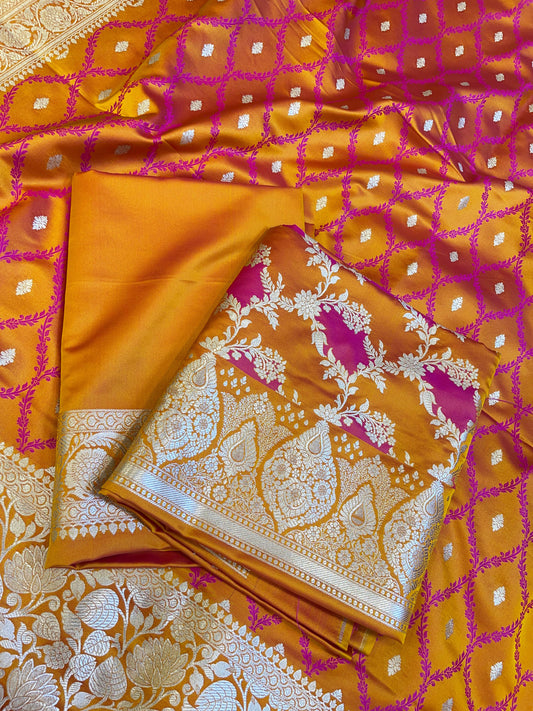 Pure Handloom Mustard Yellow Mashru Silk Floral Rangkaat Floral Zari Jaal Banarasi 3 pcs Suit Set 26AJ_MSR3
