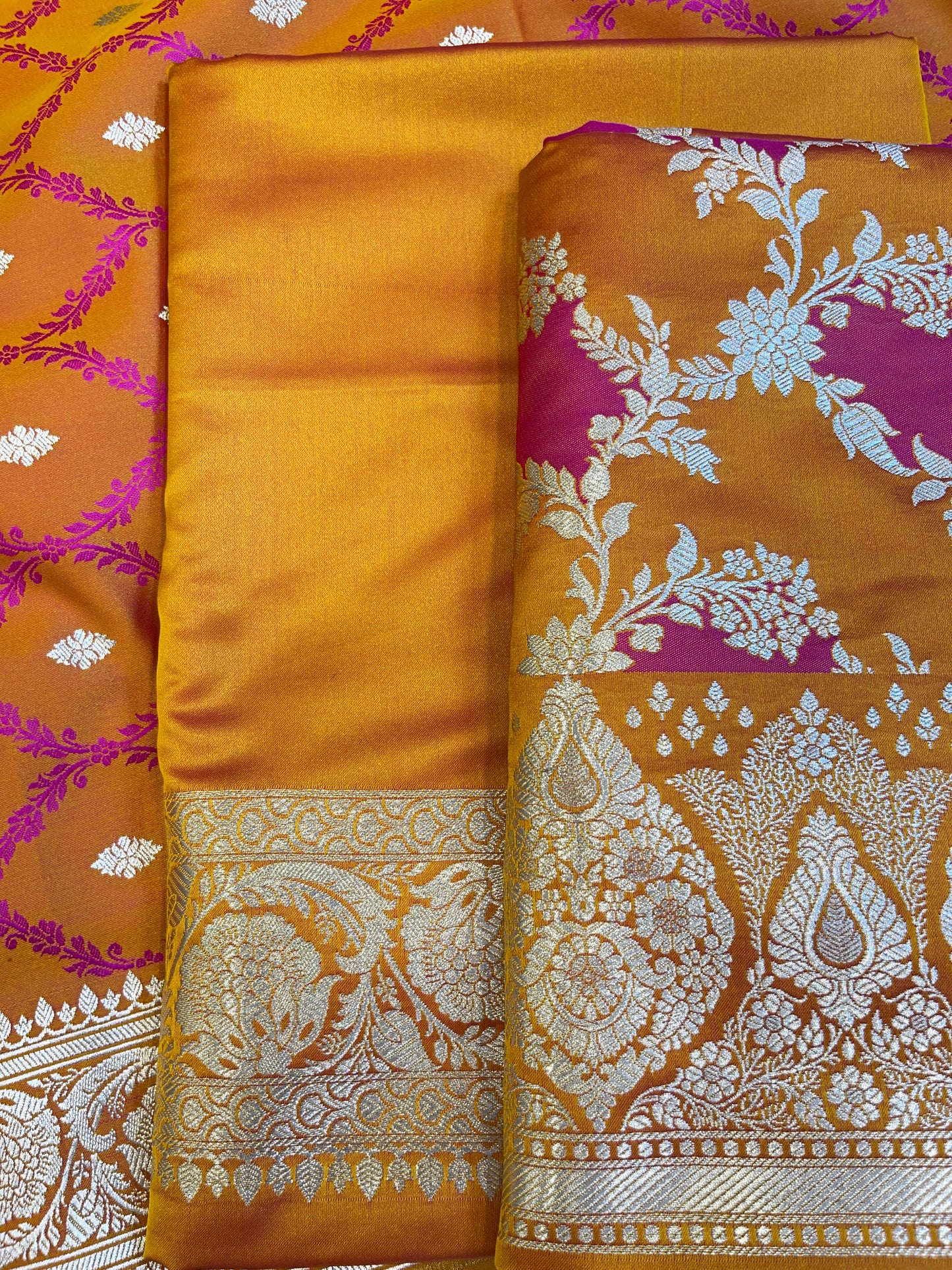 Pure Handloom Mustard Yellow Mashru Silk Floral Rangkaat Floral Zari Jaal Banarasi 3 pcs Suit Set 26AJ_MSR3