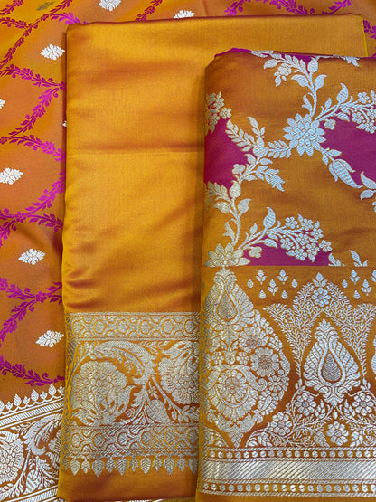 Pure Handloom Mustard Yellow Mashru Silk Floral Rangkaat Floral Zari Jaal Banarasi 3 pcs Suit Set 26AJ_MSR3