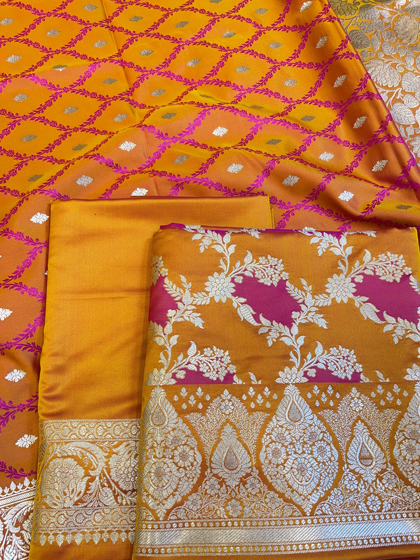 Pure Handloom Mustard Yellow Mashru Silk Floral Rangkaat Floral Zari Jaal Banarasi 3 pcs Suit Set 26AJ_MSR3