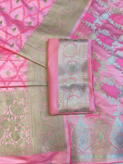 Pure Handloom Baby Pink Mashru Silk Floral Rangkaat Floral Zari Jaal Banarasi 3 pcs Suit Set 26AJ_MSR5