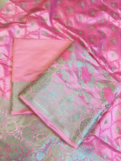 Pure Handloom Baby Pink Mashru Silk Floral Rangkaat Floral Zari Jaal Banarasi 3 pcs Suit Set 26AJ_MSR5