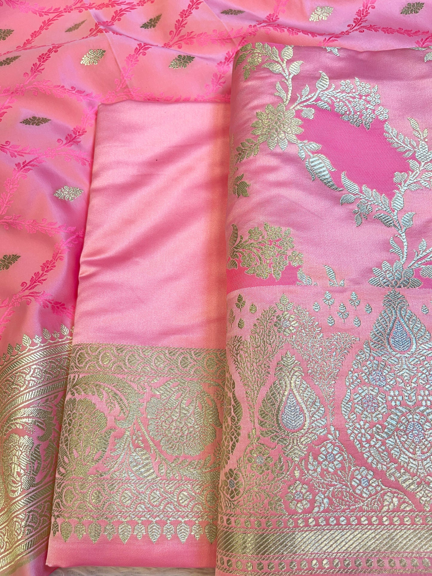 Pure Handloom Baby Pink Mashru Silk Floral Rangkaat Floral Zari Jaal Banarasi 3 pcs Suit Set 26AJ_MSR5