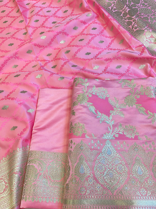 Pure Handloom Baby Pink Mashru Silk Floral Rangkaat Floral Zari Jaal Banarasi 3 pcs Suit Set 26AJ_MSR5