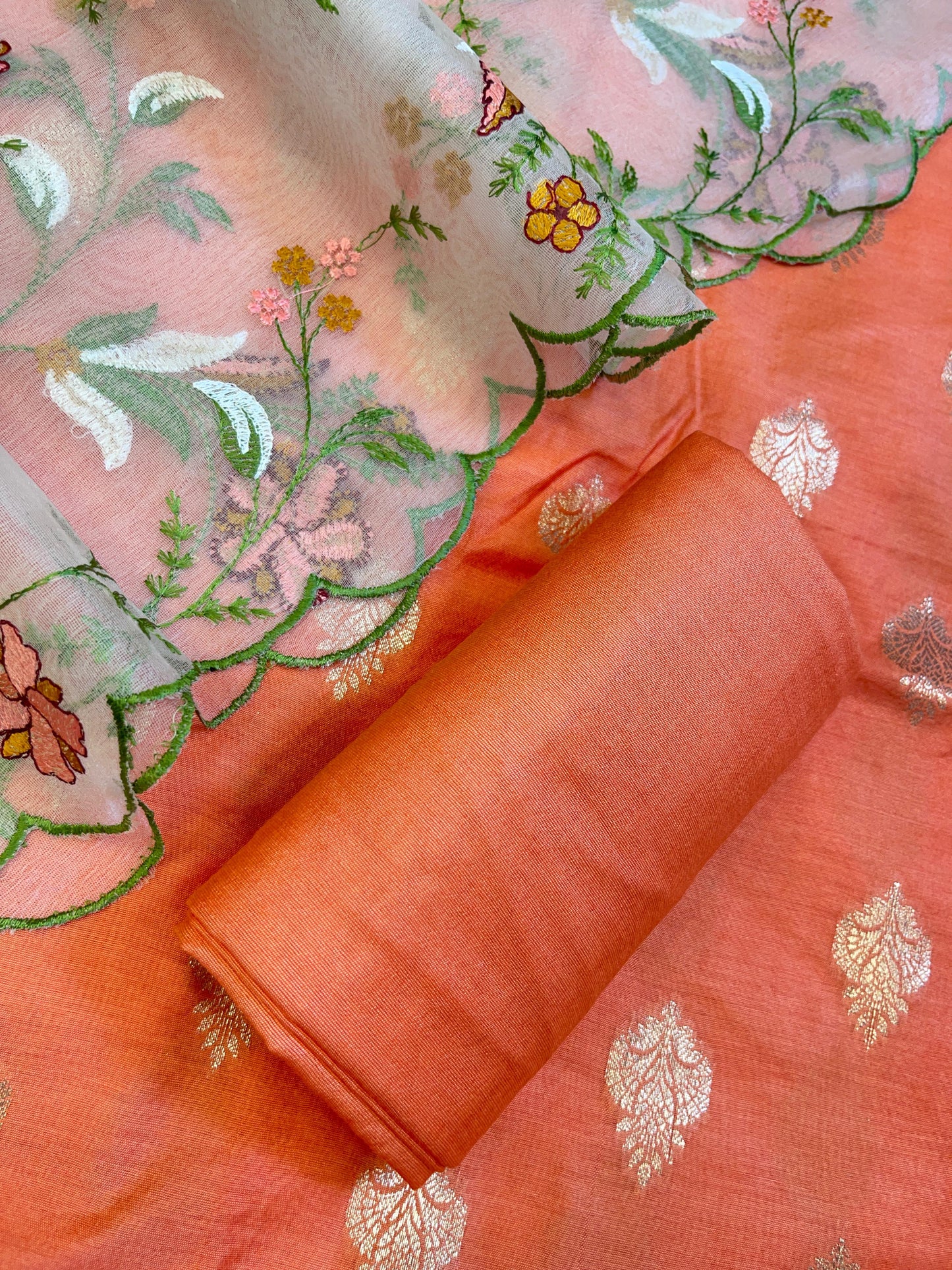 Orange Cotton Silk Dyable Floral Zari Booti with Embroidered Dupatta Banarasi 3 pcs Suit Set 14IM_DCS20