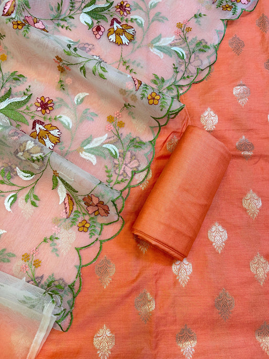 Orange Cotton Silk Dyable Floral Zari Booti with Embroidered Dupatta Banarasi 3 pcs Suit Set 14IM_DCS20
