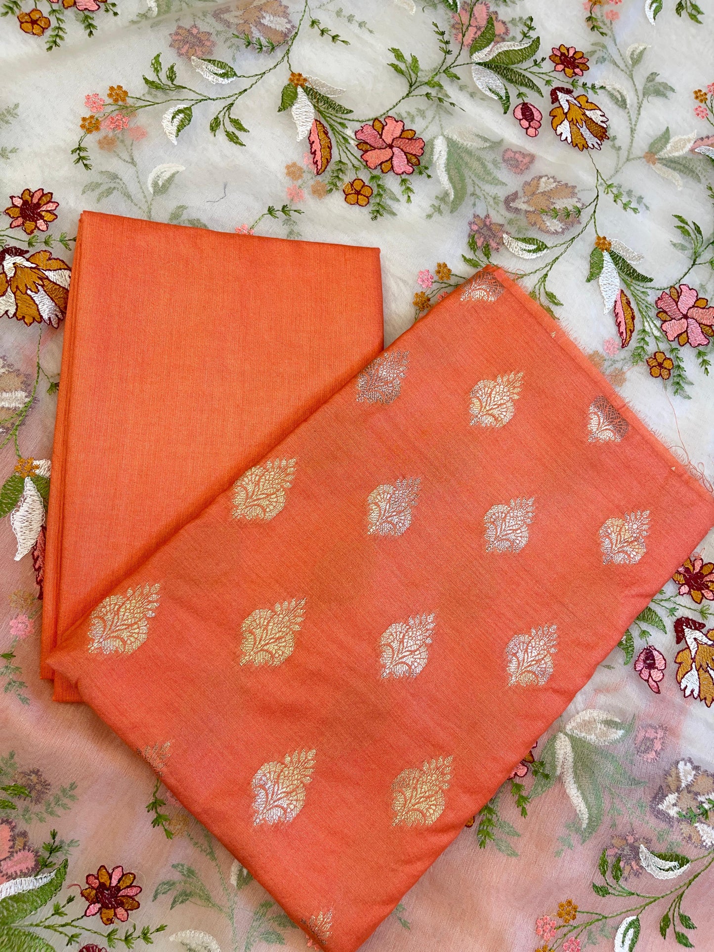 Orange Cotton Silk Dyable Floral Zari Booti with Embroidered Dupatta Banarasi 3 pcs Suit Set 14IM_DCS20
